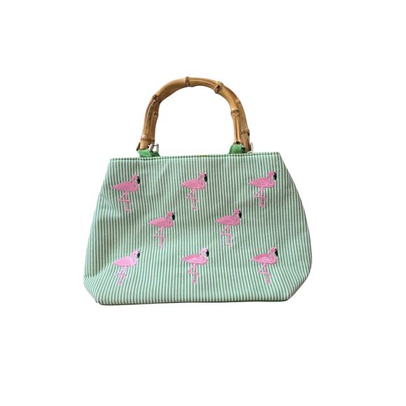 Flamingo Handbag with Bamboo Top Handle Green Pink White Women's - Picture 1 of 7